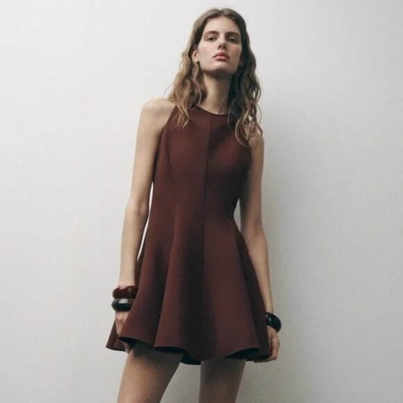 ZARA ZW Collection Brown Caramel Halter Godet Dress Medium M - Picture 1 of 14